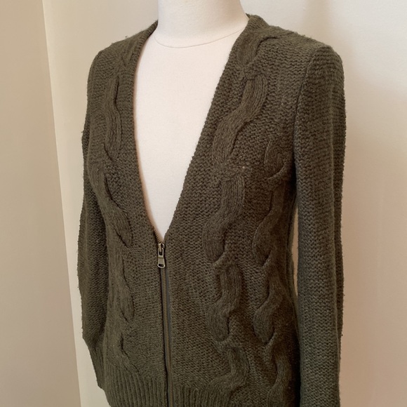 LOFT Olive Green Cable Knit Wool Blend Front Zip Cardigan Sweater Size Small - Picture 4 of 8